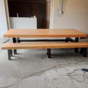 Industrial Farmhouse Dining Table with Bench Set - Natural Wood Top with Black Steel Frame